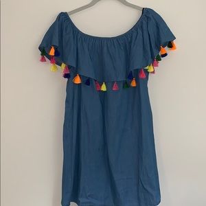Off -the-shoulder denim dress with tassels
